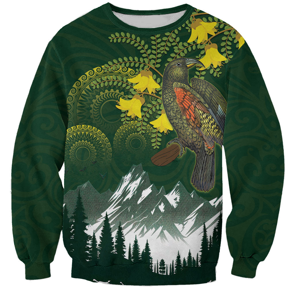Kea Bird Kowhai New Zealand Sweatshirt Mountain Landscape Maori Art LT22 Unisex Green - Polynesian Pride