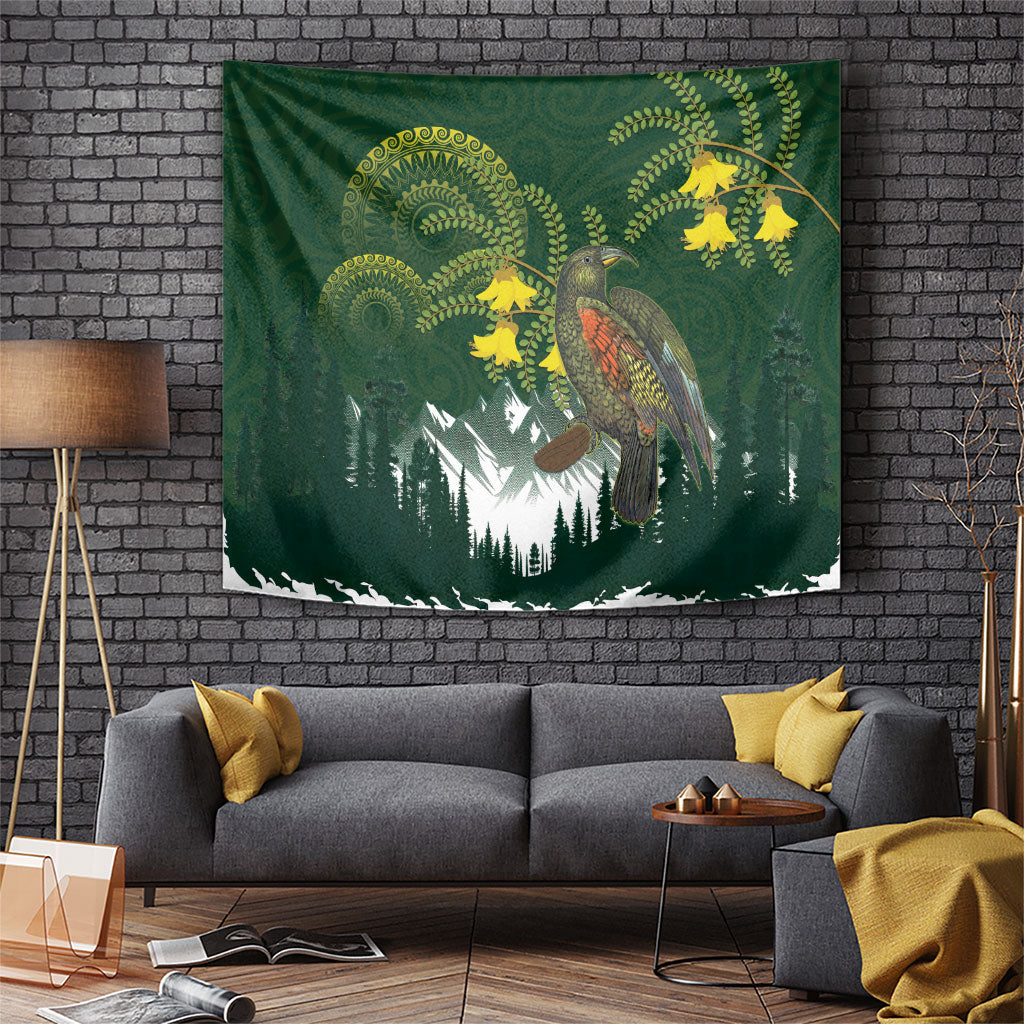 Kea Bird Kowhai New Zealand Tapestry Mountain Landscape Maori Art LT22 Green - Polynesian Pride