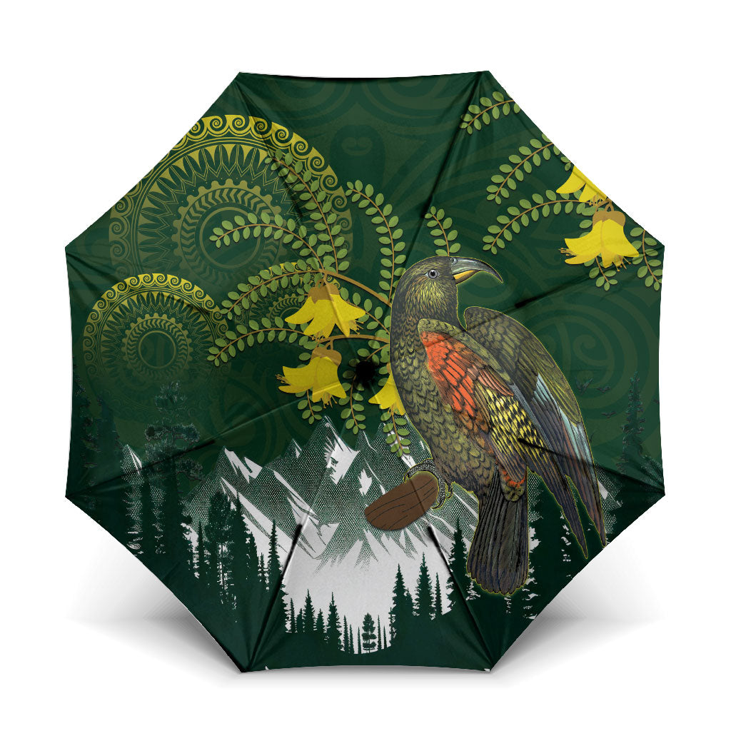 Kea Bird Kowhai New Zealand Umbrella Mountain Landscape Maori Art LT22 One Size Folded 11.42 inch Opened Diameter 37.4 inch Green - Polynesian Pride