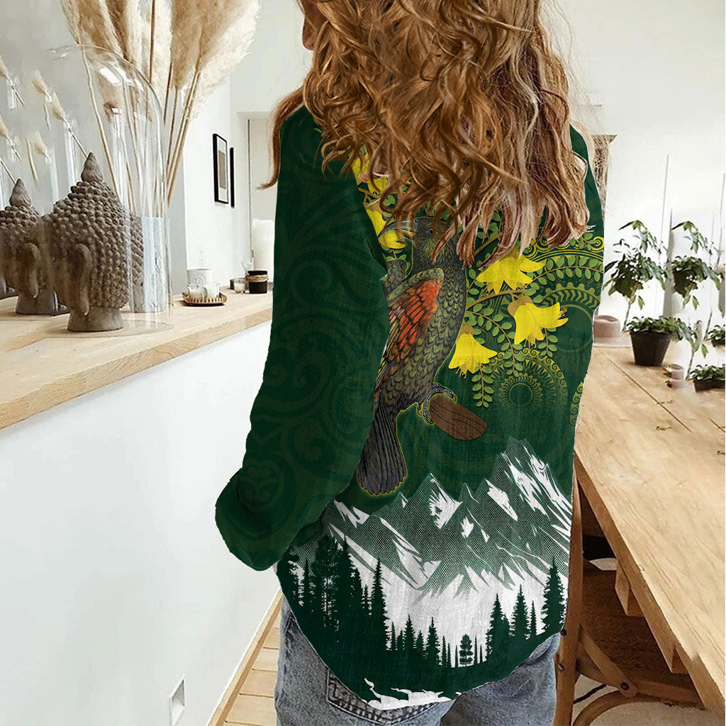 Kea Bird Kowhai New Zealand Women Casual Shirt Mountain Landscape Maori Art