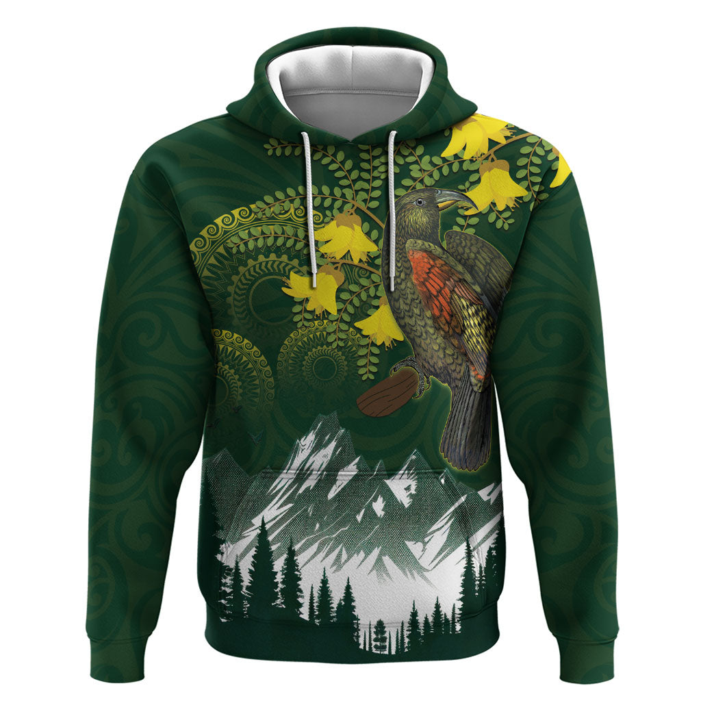 Kea Bird Kowhai New Zealand Zip Hoodie Mountain Landscape Maori Art LT22 Pullover Hoodie Green - Polynesian Pride