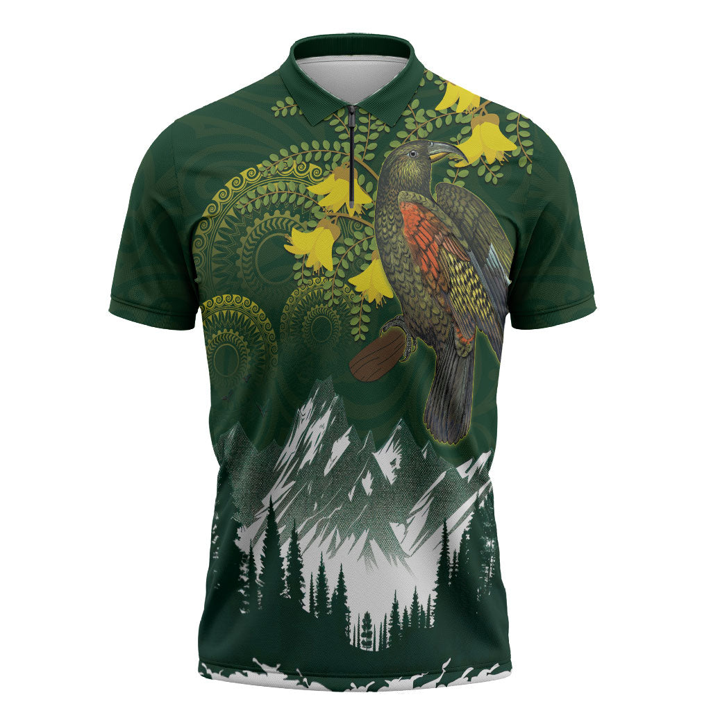 Kea Bird Kowhai New Zealand Zipper Polo Shirt Mountain Landscape Maori Art