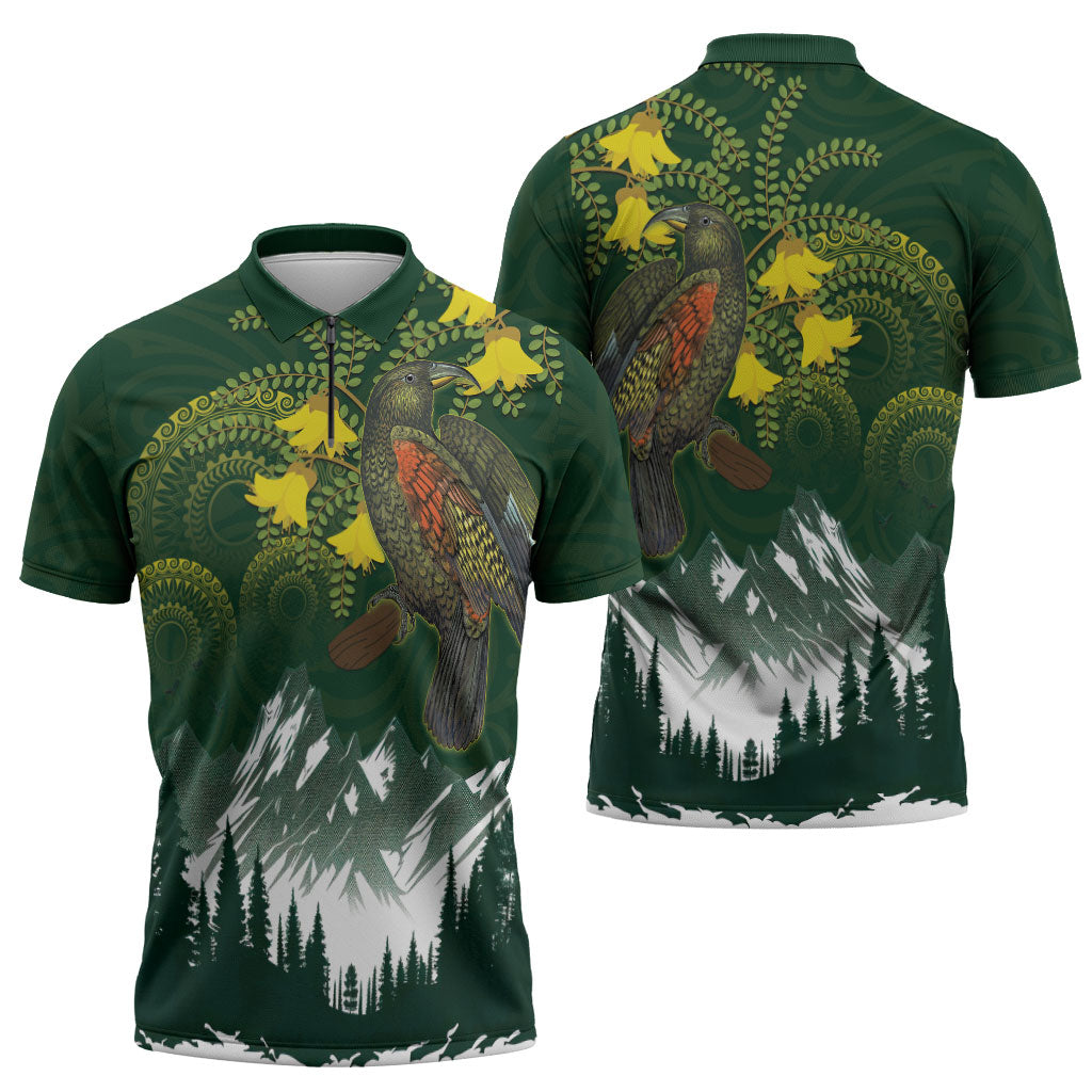 Kea Bird Kowhai New Zealand Zipper Polo Shirt Mountain Landscape Maori Art