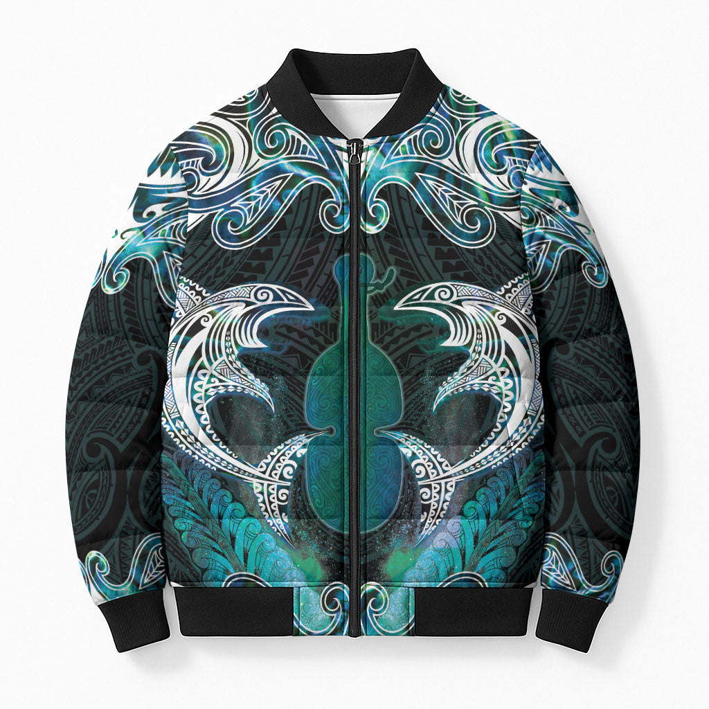New Zealand Kotiate Weapon Bomber Puffer Jacket Aotearoa Mango Paua Shell Maori Pattern LT22 Unisex Blue - Polynesian Pride