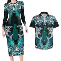 New Zealand Kotiate Weapon Couples Matching Long Sleeve Bodycon Dress and Hawaiian Shirt Aotearoa Mango Paua Shell Maori Pattern