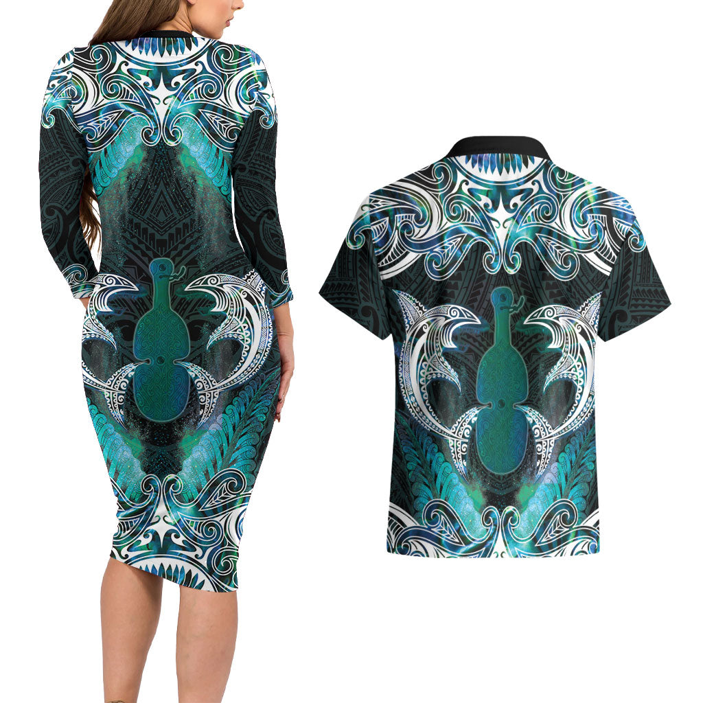 New Zealand Kotiate Weapon Couples Matching Long Sleeve Bodycon Dress and Hawaiian Shirt Aotearoa Mango Paua Shell Maori Pattern