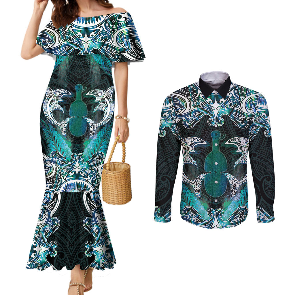 New Zealand Kotiate Weapon Couples Matching Mermaid Dress and Long Sleeve Button Shirt Aotearoa Mango Paua Shell Maori Pattern