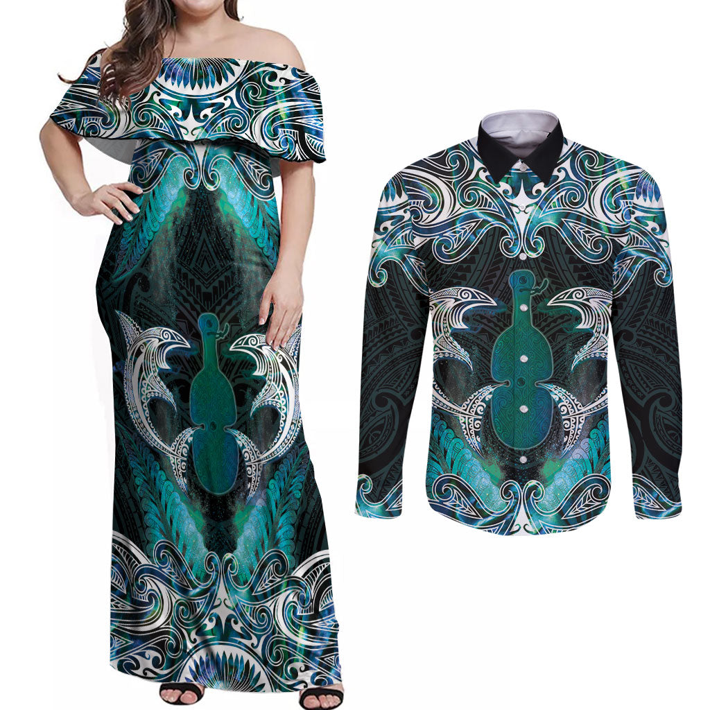 New Zealand Kotiate Weapon Couples Matching Off Shoulder Maxi Dress and Long Sleeve Button Shirt Aotearoa Mango Paua Shell Maori Pattern