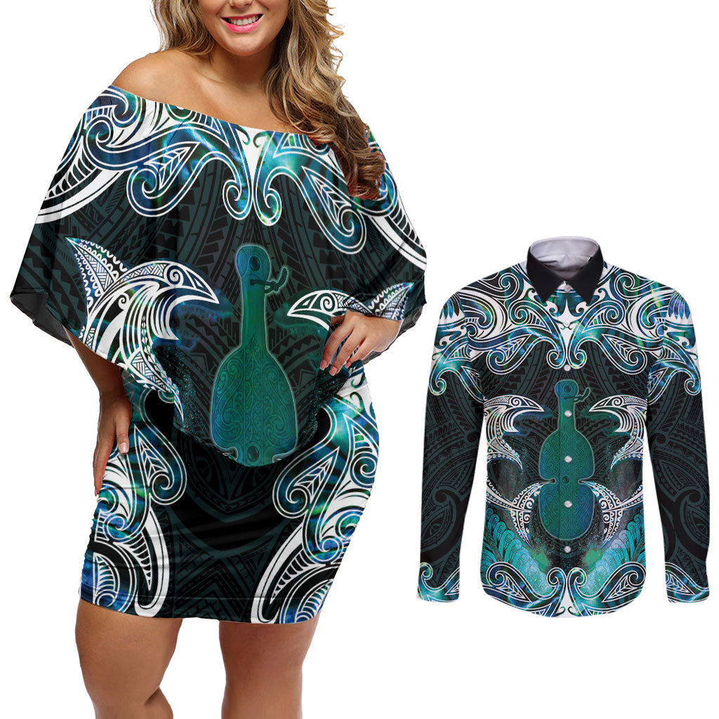 New Zealand Kotiate Weapon Couples Matching Off Shoulder Short Dress and Long Sleeve Button Shirt Aotearoa Mango Paua Shell Maori Pattern