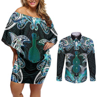 New Zealand Kotiate Weapon Couples Matching Off Shoulder Short Dress and Long Sleeve Button Shirt Aotearoa Mango Paua Shell Maori Pattern
