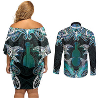 New Zealand Kotiate Weapon Couples Matching Off Shoulder Short Dress and Long Sleeve Button Shirt Aotearoa Mango Paua Shell Maori Pattern