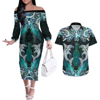 New Zealand Kotiate Weapon Couples Matching Off The Shoulder Long Sleeve Dress and Hawaiian Shirt Aotearoa Mango Paua Shell Maori Pattern