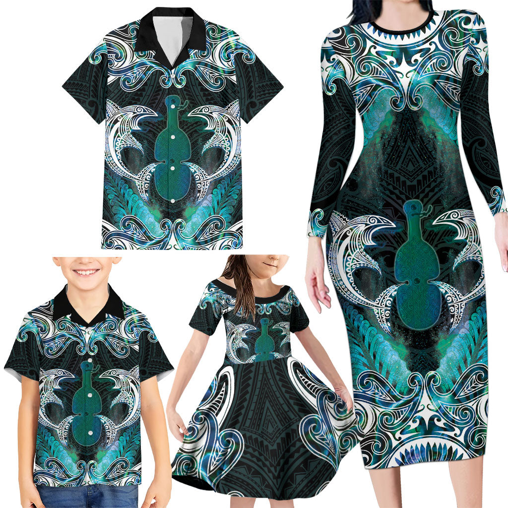 New Zealand Kotiate Weapon Family Matching Long Sleeve Bodycon Dress and Hawaiian Shirt Aotearoa Mango Paua Shell Maori Pattern