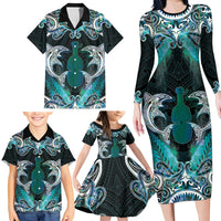 New Zealand Kotiate Weapon Family Matching Long Sleeve Bodycon Dress and Hawaiian Shirt Aotearoa Mango Paua Shell Maori Pattern