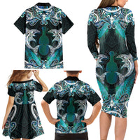 New Zealand Kotiate Weapon Family Matching Long Sleeve Bodycon Dress and Hawaiian Shirt Aotearoa Mango Paua Shell Maori Pattern