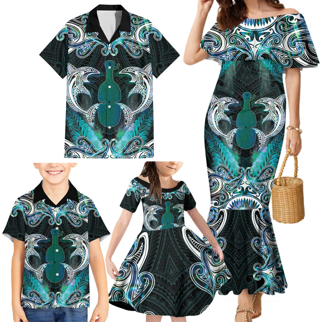 New Zealand Kotiate Weapon Family Matching Mermaid Dress and Hawaiian Shirt Aotearoa Mango Paua Shell Maori Pattern