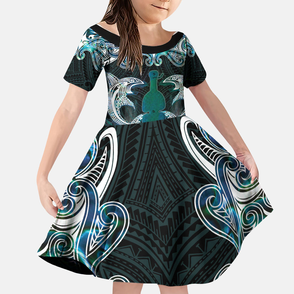 New Zealand Kotiate Weapon Family Matching Off The Shoulder Long Sleeve Dress and Hawaiian Shirt Aotearoa Mango Paua Shell Maori Pattern