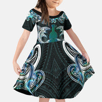 New Zealand Kotiate Weapon Family Matching Off The Shoulder Long Sleeve Dress and Hawaiian Shirt Aotearoa Mango Paua Shell Maori Pattern