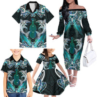 New Zealand Kotiate Weapon Family Matching Off The Shoulder Long Sleeve Dress and Hawaiian Shirt Aotearoa Mango Paua Shell Maori Pattern