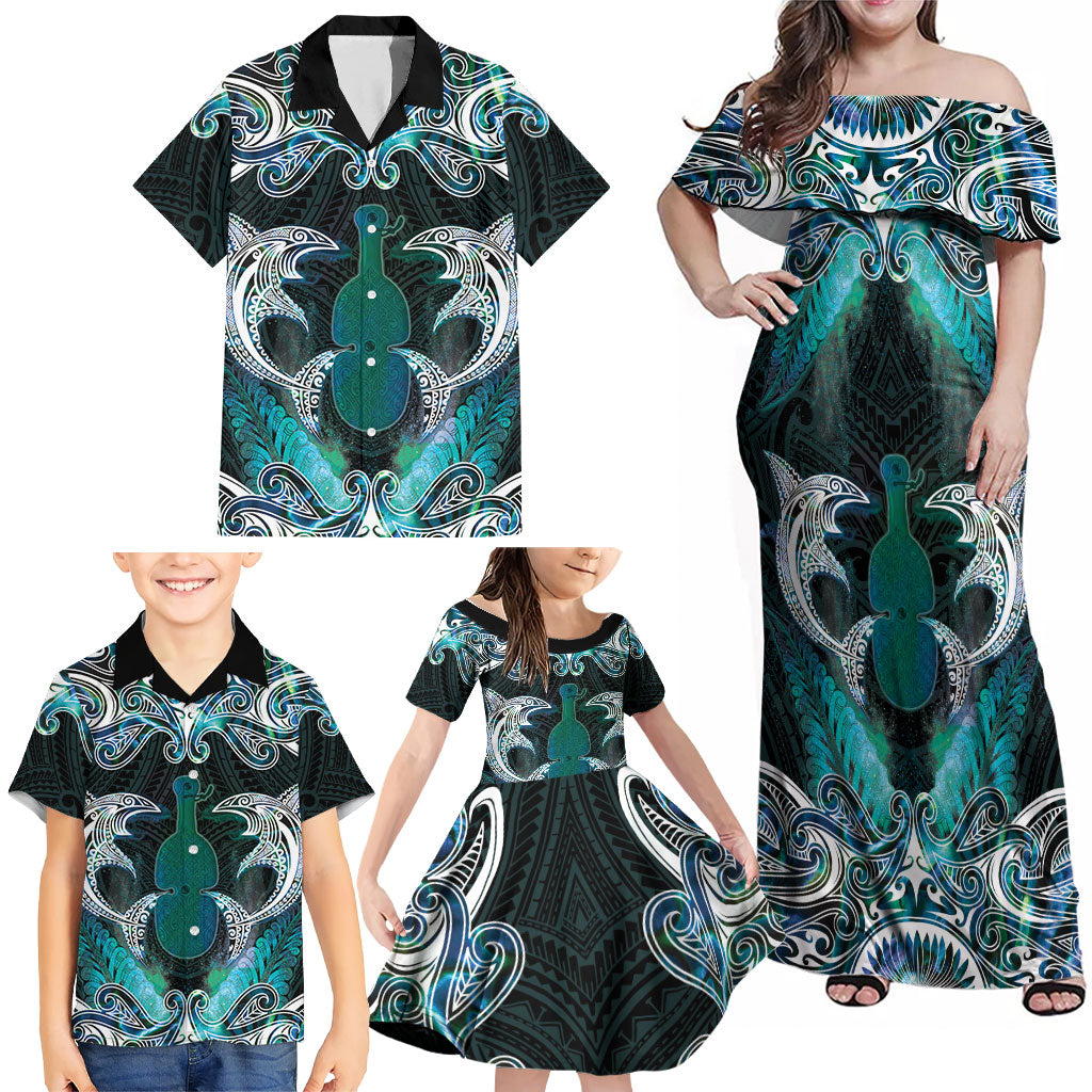 New Zealand Kotiate Weapon Family Matching Off Shoulder Maxi Dress and Hawaiian Shirt Aotearoa Mango Paua Shell Maori Pattern LT22 - Polynesian Pride