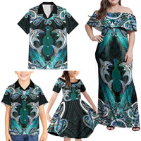 New Zealand Kotiate Weapon Family Matching Off Shoulder Maxi Dress and Hawaiian Shirt Aotearoa Mango Paua Shell Maori Pattern