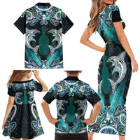 New Zealand Kotiate Weapon Family Matching Short Sleeve Bodycon Dress and Hawaiian Shirt Aotearoa Mango Paua Shell Maori Pattern