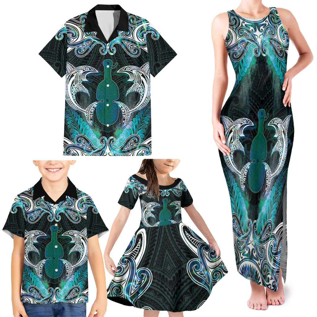 New Zealand Kotiate Weapon Family Matching Tank Maxi Dress and Hawaiian Shirt Aotearoa Mango Paua Shell Maori Pattern
