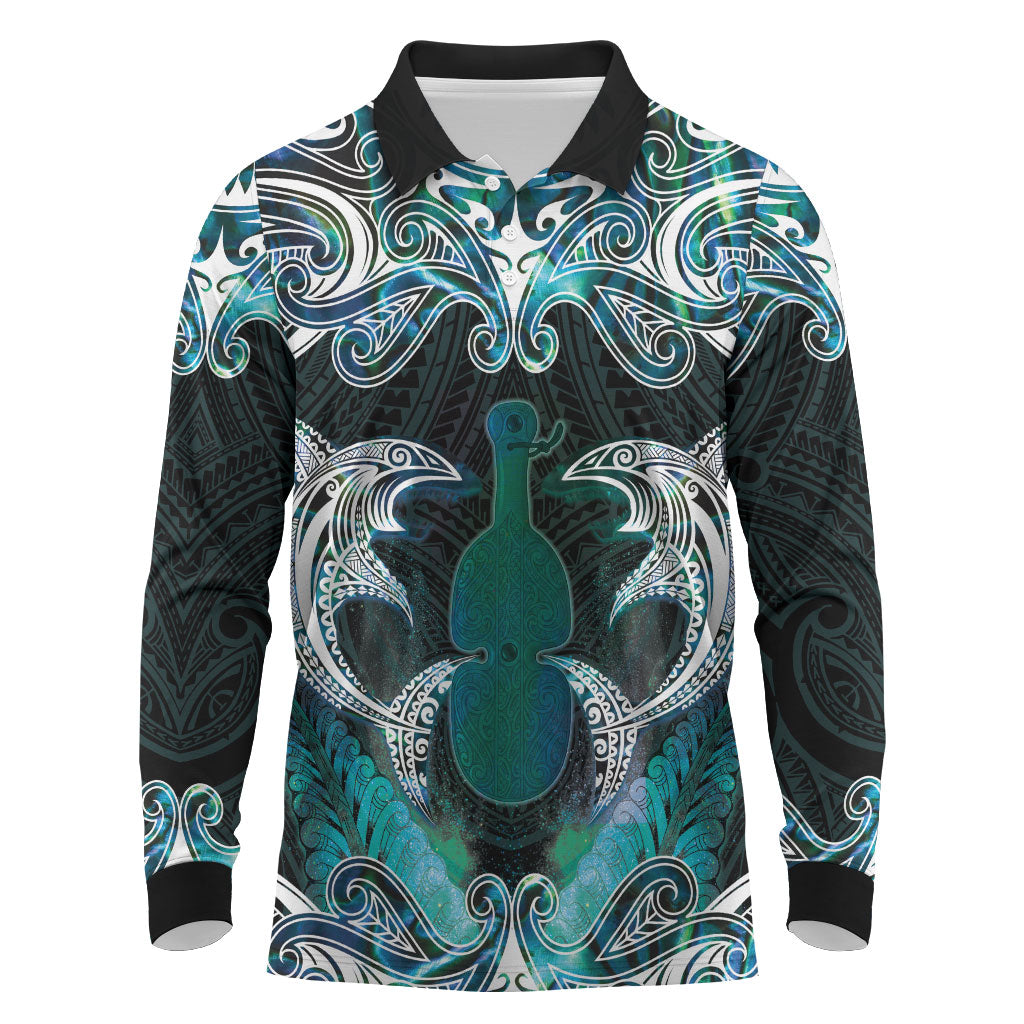 New Zealand Kotiate Weapon Long Sleeve Polo Shirt Aotearoa Mango Paua Shell Maori Pattern