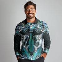 New Zealand Kotiate Weapon Long Sleeve Polo Shirt Aotearoa Mango Paua Shell Maori Pattern