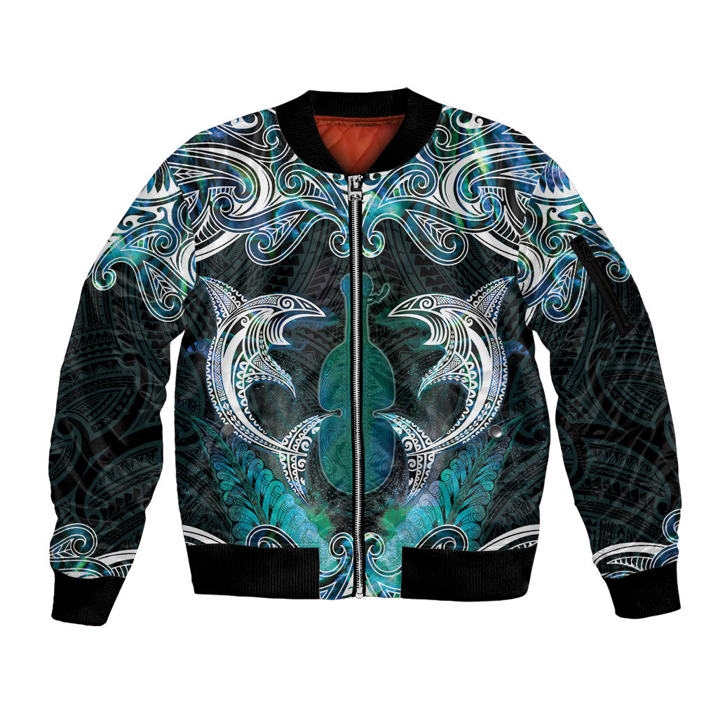 New Zealand Kotiate Weapon Sleeve Zip Bomber Jacket Aotearoa Mango Paua Shell Maori Pattern