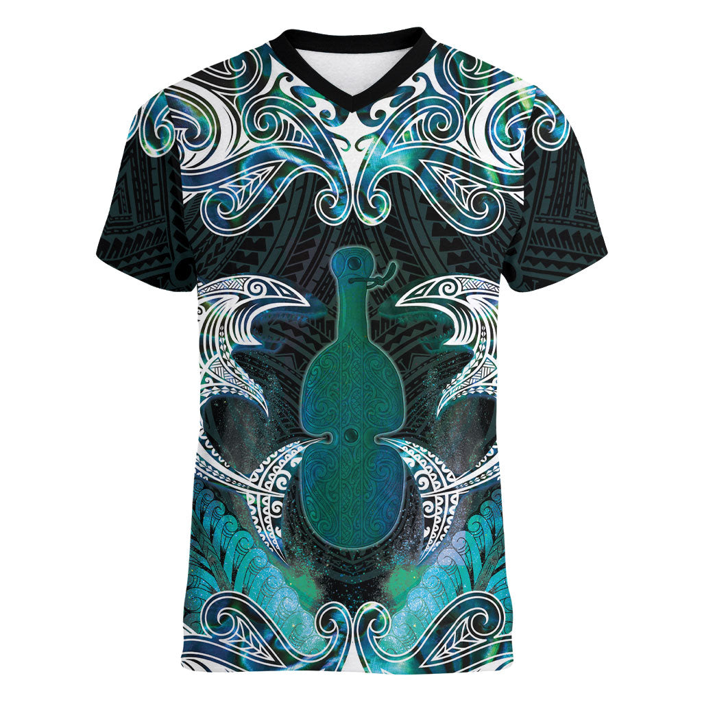 New Zealand Kotiate Weapon Women V-Neck T-Shirt Aotearoa Mango Paua Shell Maori Pattern