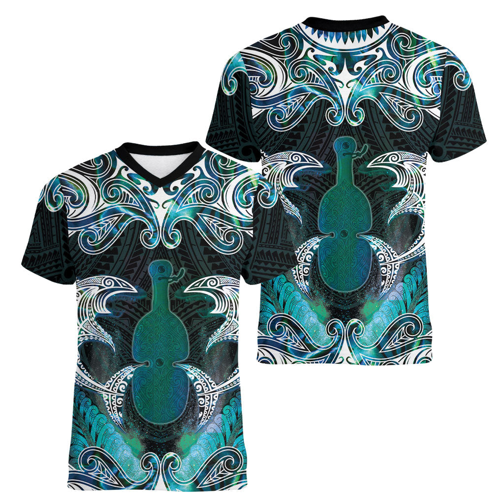 New Zealand Kotiate Weapon Women V-Neck T-Shirt Aotearoa Mango Paua Shell Maori Pattern