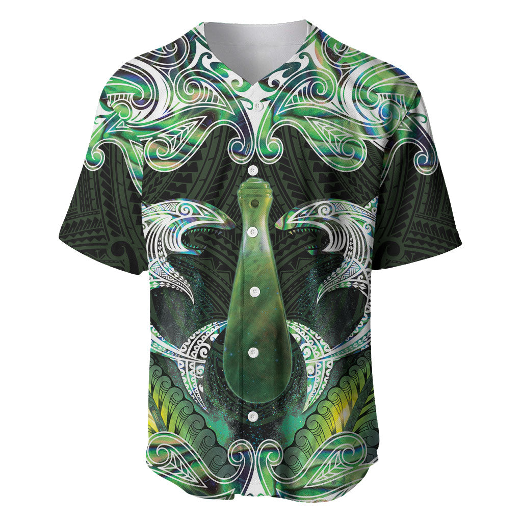 New Zealand Mere Pounamu Weapon Baseball Jersey Aotearoa Mango Paua Shell Maori Pattern LT22 Green - Polynesian Pride