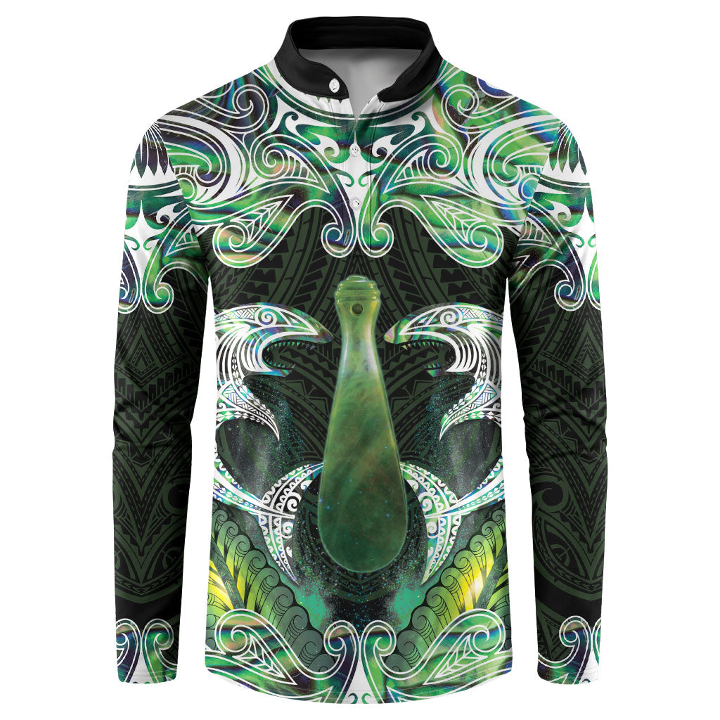 New Zealand Mere Pounamu Weapon Button Sweatshirt Aotearoa Mango Paua Shell Maori Pattern LT22 Green - Polynesian Pride