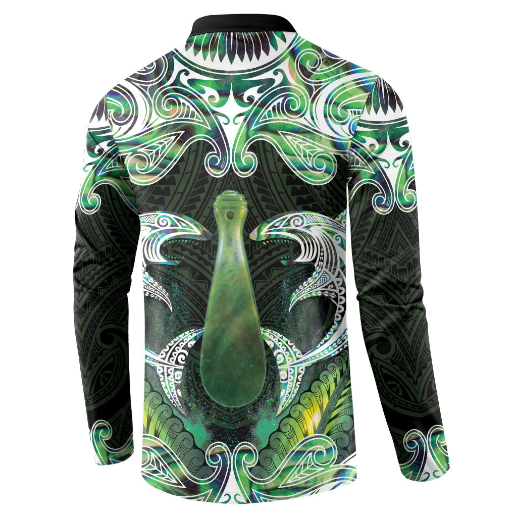 New Zealand Mere Pounamu Weapon Button Sweatshirt Aotearoa Mango Paua Shell Maori Pattern