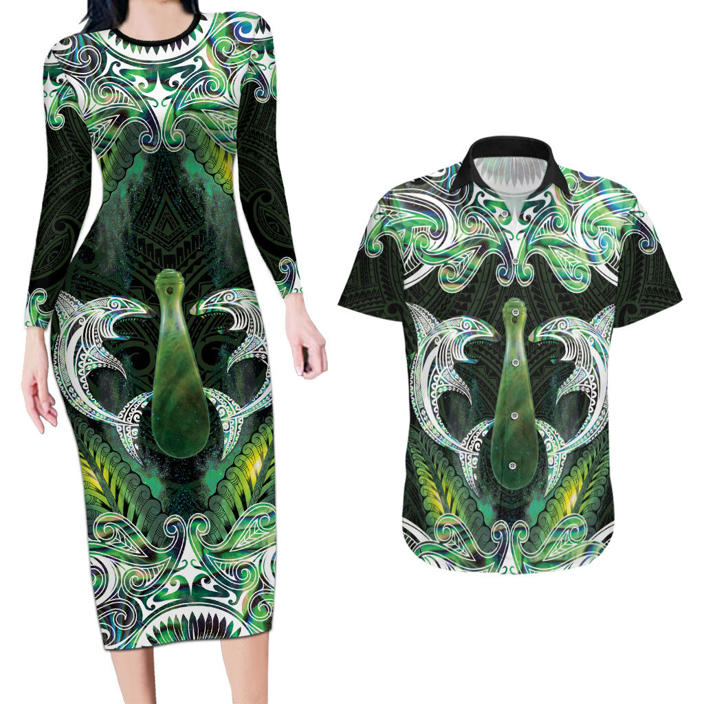 New Zealand Mere Pounamu Weapon Couples Matching Long Sleeve Bodycon Dress and Hawaiian Shirt Aotearoa Mango Paua Shell Maori Pattern LT22 Green - Polynesian Pride