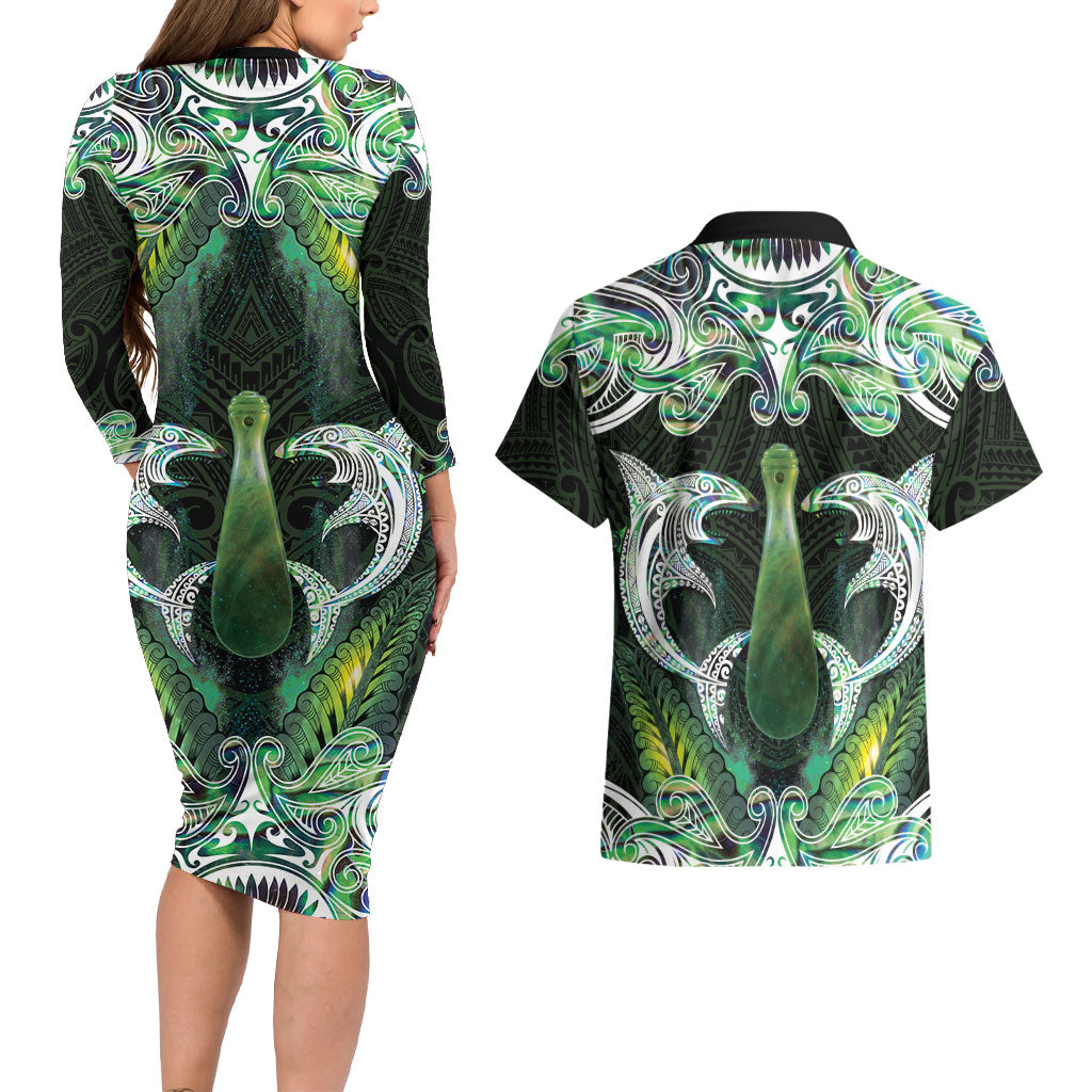 New Zealand Mere Pounamu Weapon Couples Matching Long Sleeve Bodycon Dress and Hawaiian Shirt Aotearoa Mango Paua Shell Maori Pattern