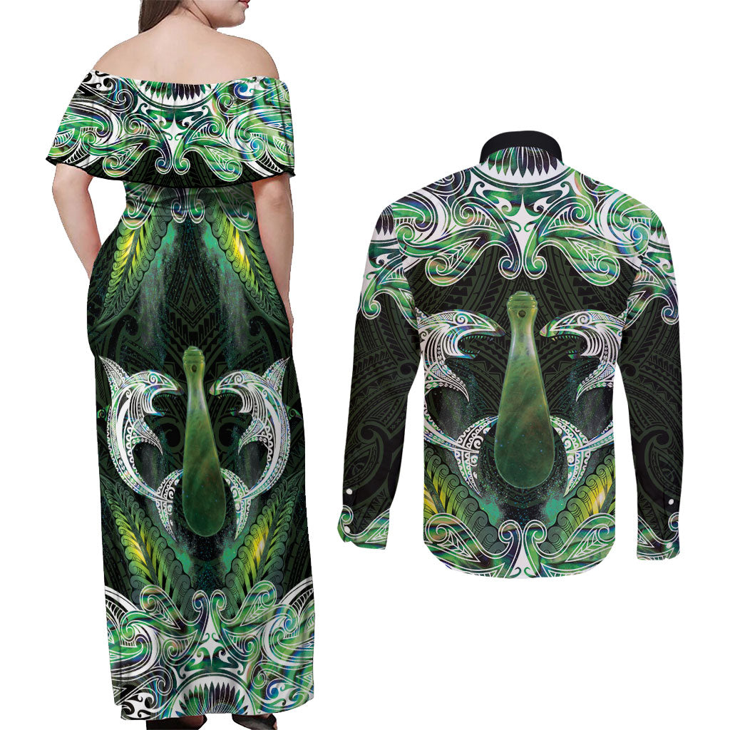 New Zealand Mere Pounamu Weapon Couples Matching Off Shoulder Maxi Dress and Long Sleeve Button Shirt Aotearoa Mango Paua Shell Maori Pattern