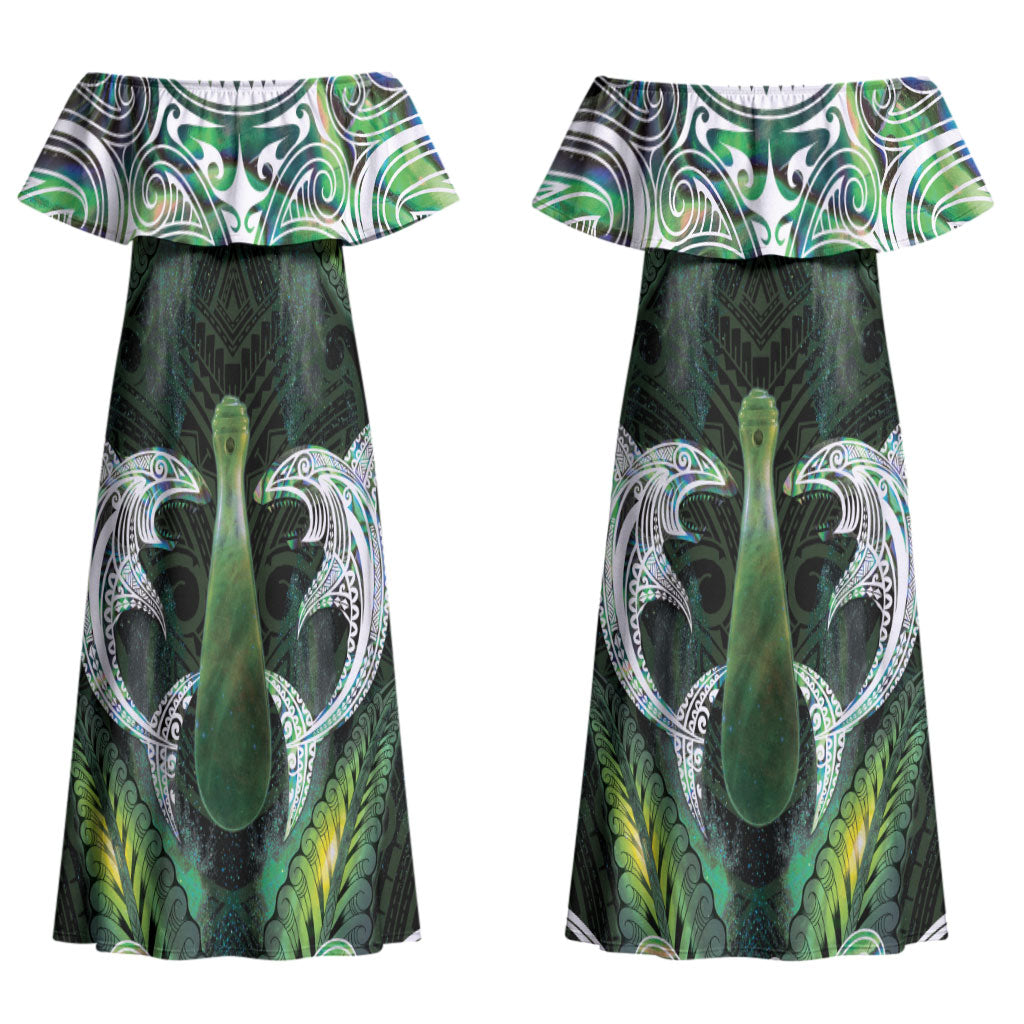 New Zealand Mere Pounamu Weapon Couples Matching Off Shoulder Maxi Dress and Long Sleeve Button Shirt Aotearoa Mango Paua Shell Maori Pattern LT22 - Polynesian Pride