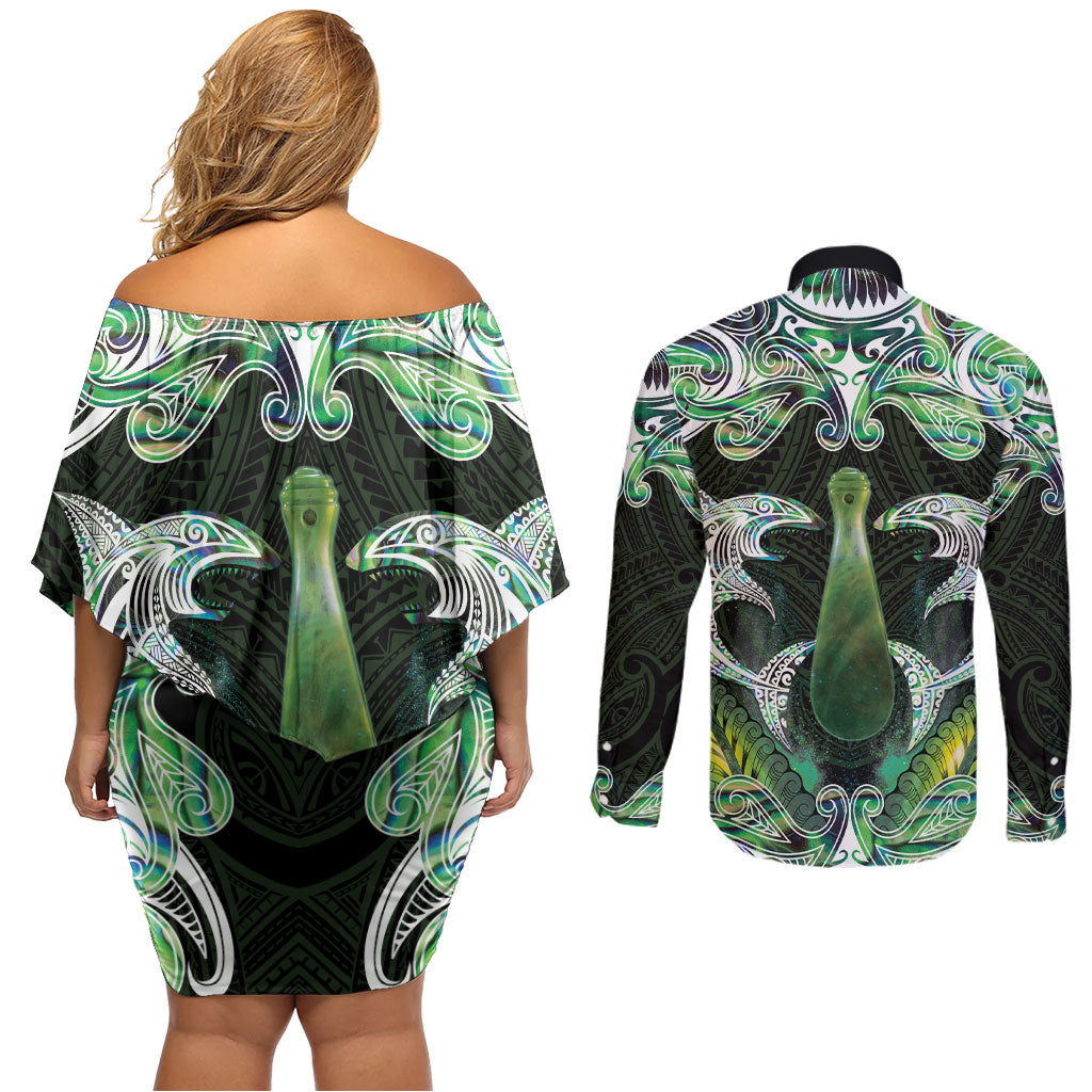 New Zealand Mere Pounamu Weapon Couples Matching Off Shoulder Short Dress and Long Sleeve Button Shirt Aotearoa Mango Paua Shell Maori Pattern