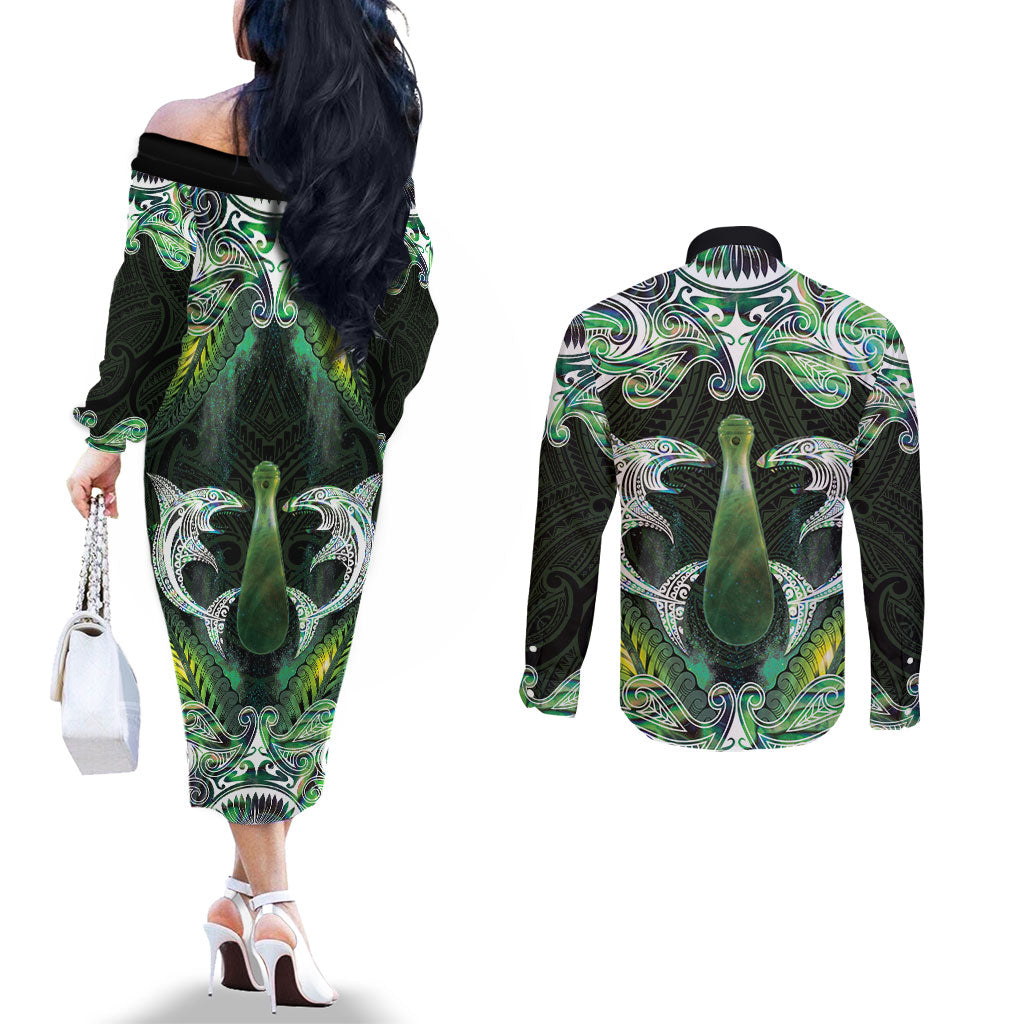 New Zealand Mere Pounamu Weapon Couples Matching Off The Shoulder Long Sleeve Dress and Long Sleeve Button Shirt Aotearoa Mango Paua Shell Maori Pattern