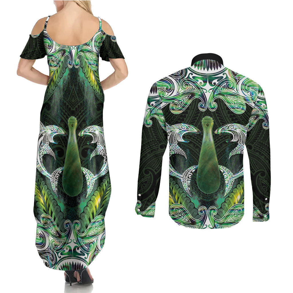 New Zealand Mere Pounamu Weapon Couples Matching Summer Maxi Dress and Long Sleeve Button Shirt Aotearoa Mango Paua Shell Maori Pattern