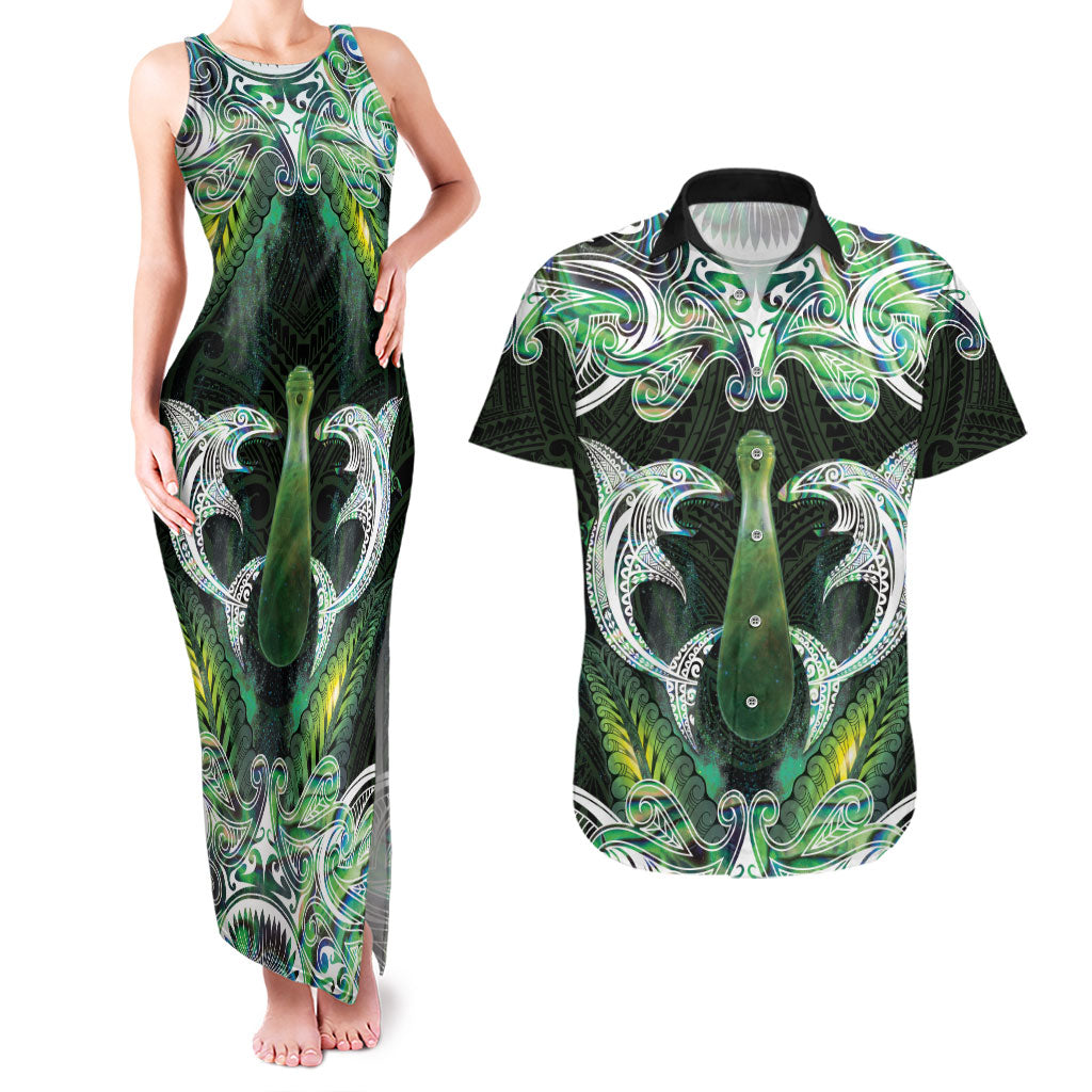 New Zealand Mere Pounamu Weapon Couples Matching Tank Maxi Dress and Hawaiian Shirt Aotearoa Mango Paua Shell Maori Pattern