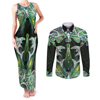 New Zealand Mere Pounamu Weapon Couples Matching Tank Maxi Dress and Long Sleeve Button Shirt Aotearoa Mango Paua Shell Maori Pattern