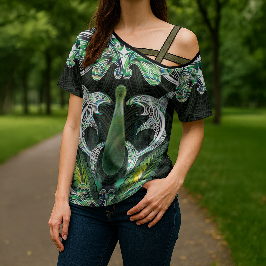 New Zealand Mere Pounamu Weapon Cross Shoulder Shirt Aotearoa Mango Paua Shell Maori Pattern