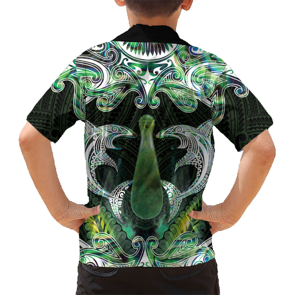 New Zealand Mere Pounamu Weapon Family Matching Long Sleeve Bodycon Dress and Hawaiian Shirt Aotearoa Mango Paua Shell Maori Pattern