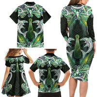 New Zealand Mere Pounamu Weapon Family Matching Long Sleeve Bodycon Dress and Hawaiian Shirt Aotearoa Mango Paua Shell Maori Pattern