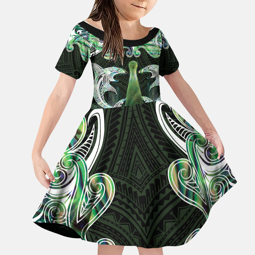 New Zealand Mere Pounamu Weapon Family Matching Off The Shoulder Long Sleeve Dress and Hawaiian Shirt Aotearoa Mango Paua Shell Maori Pattern