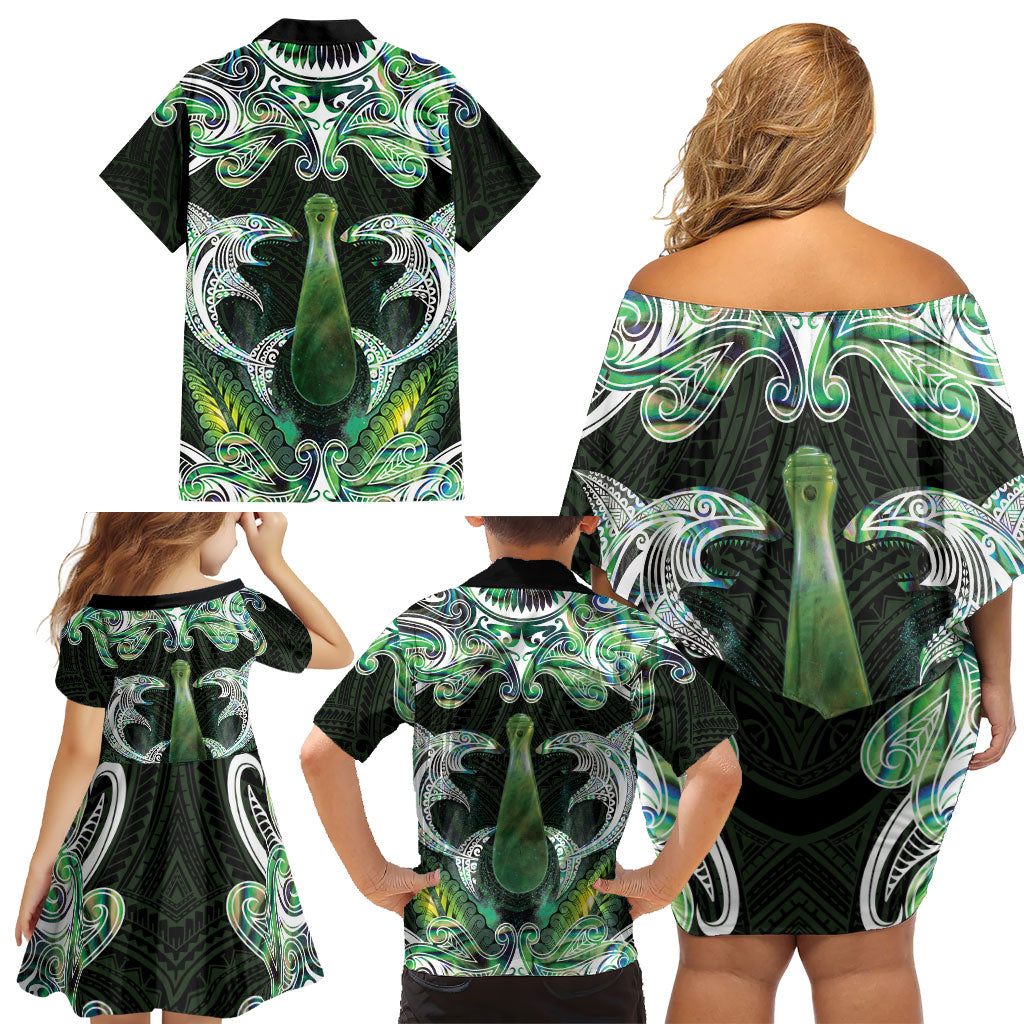 New Zealand Mere Pounamu Weapon Family Matching Off Shoulder Short Dress and Hawaiian Shirt Aotearoa Mango Paua Shell Maori Pattern