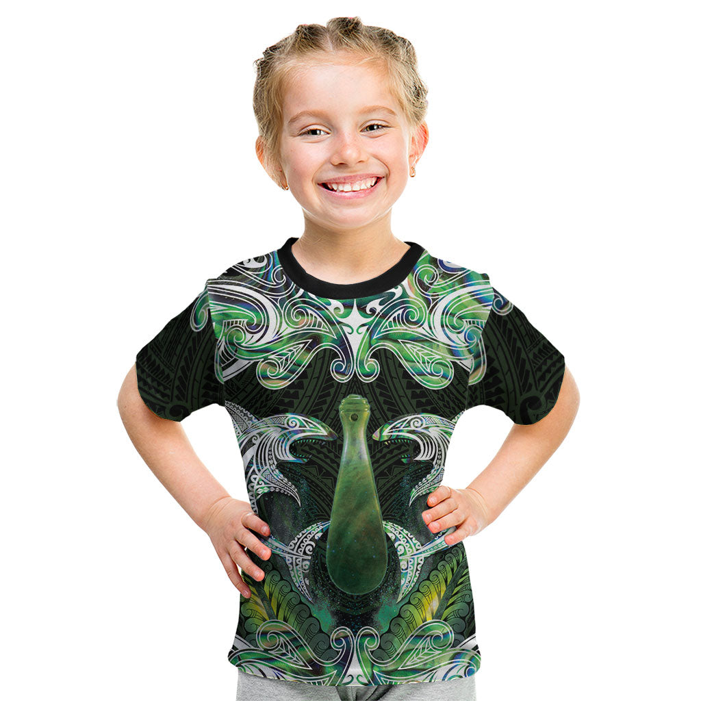 New Zealand Mere Pounamu Weapon Kid T Shirt Aotearoa Mango Paua Shell Maori Pattern LT22 Green - Polynesian Pride